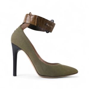 Reed Krakoff Olive Green Canvas Pointed-Toe Pumps with Embossed Leather Ankle...